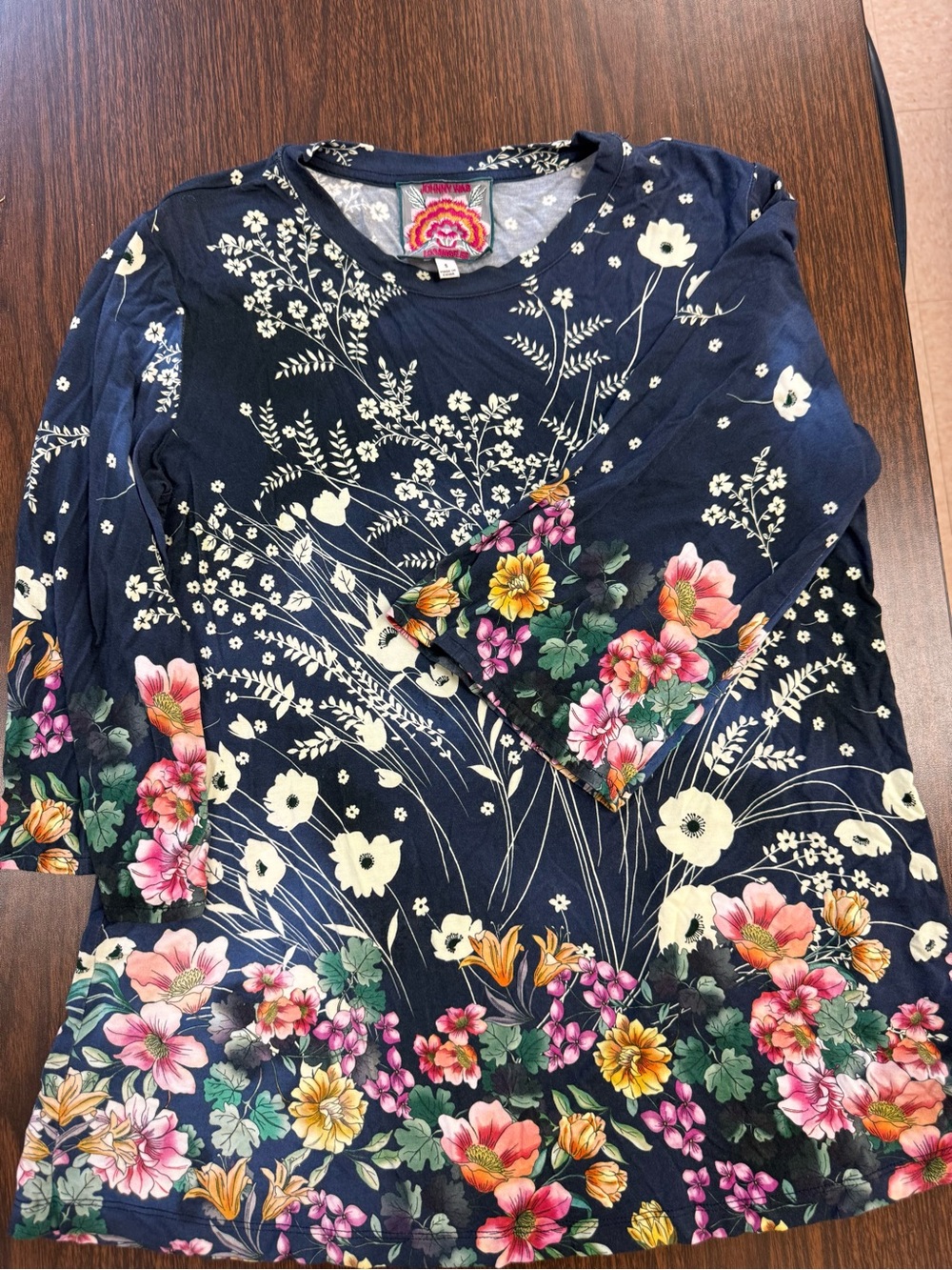Johnny Was Navy Floral Border Long Sleeve Tee with Multicolor Blooms